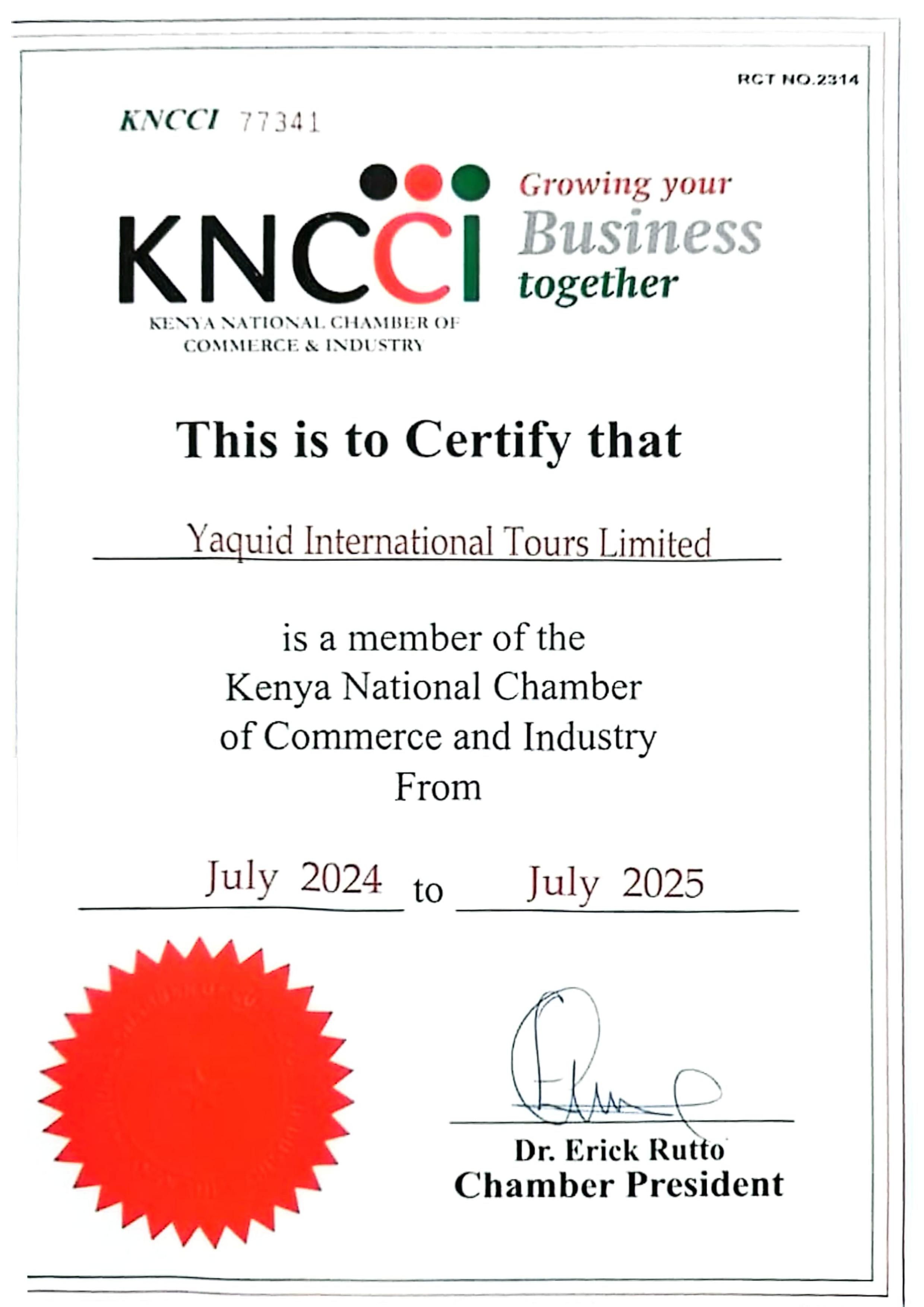 Kenya National Chamber of Commerce & Industry Certificate